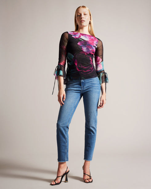 CATYELA-Tops-CATYELA seamlessly blends femininity with edge. The slashed straight neckline creates a bold stylish statement, while the 3/4 sleeves with fluted cuff add a delicate and romantic touch. The ruched seam through the sleeves adds texture and dimension, elevating the overall look. Brilliantly versatile, this top looks great with anything from boyfriend jeans to a leather skirt. Mesh top Slim fit Floral print Slashed straight neckline 3/4 sleeves with fluted cuff Ruched seam through sleeves- Ted Bak